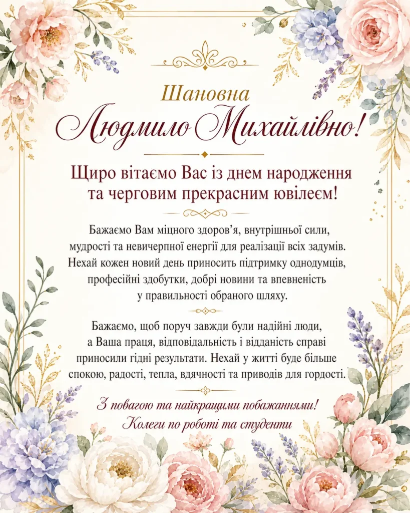 Людмило Михайлівно!
Щиро вітаємо Вас
Щиро вітаємо Вас із днем народження та черговим прекрасним ювілеєм!